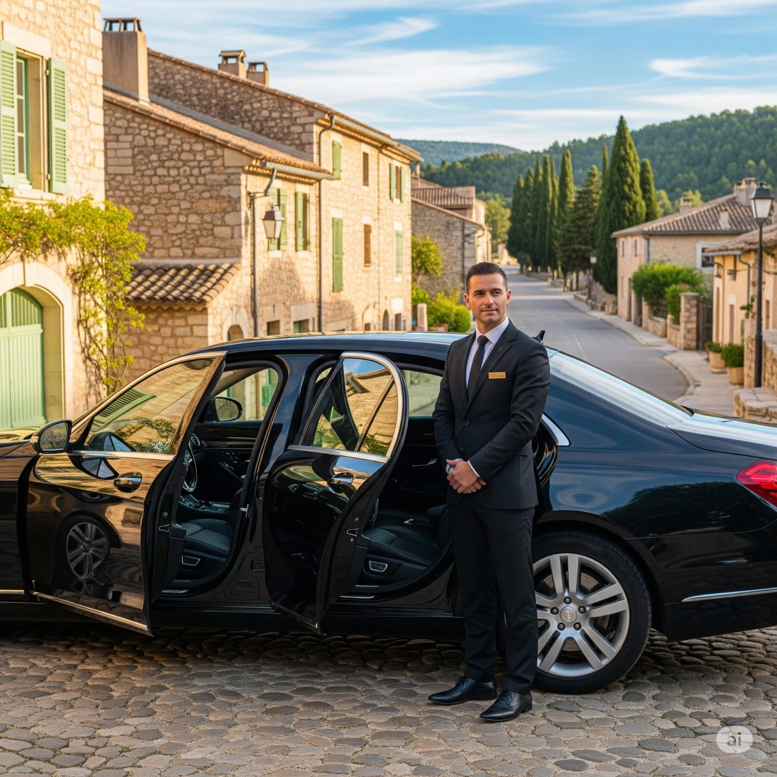 Chauffeur en costume devant une berline noire, portière ouverte, dans un village de Provence